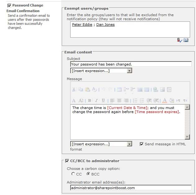 SharePoint Password Change & Expiration Screenshot